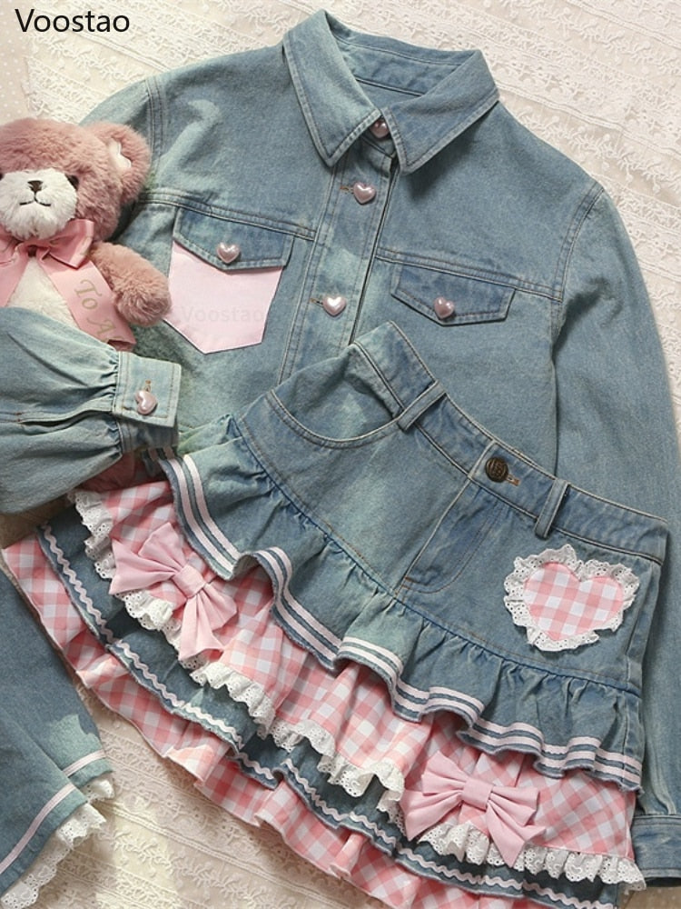Sweet Pink Lace Style Mini Denim Skirt