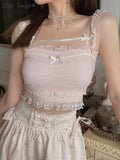 Pink Kawaii White Lace and Bow Crop Top