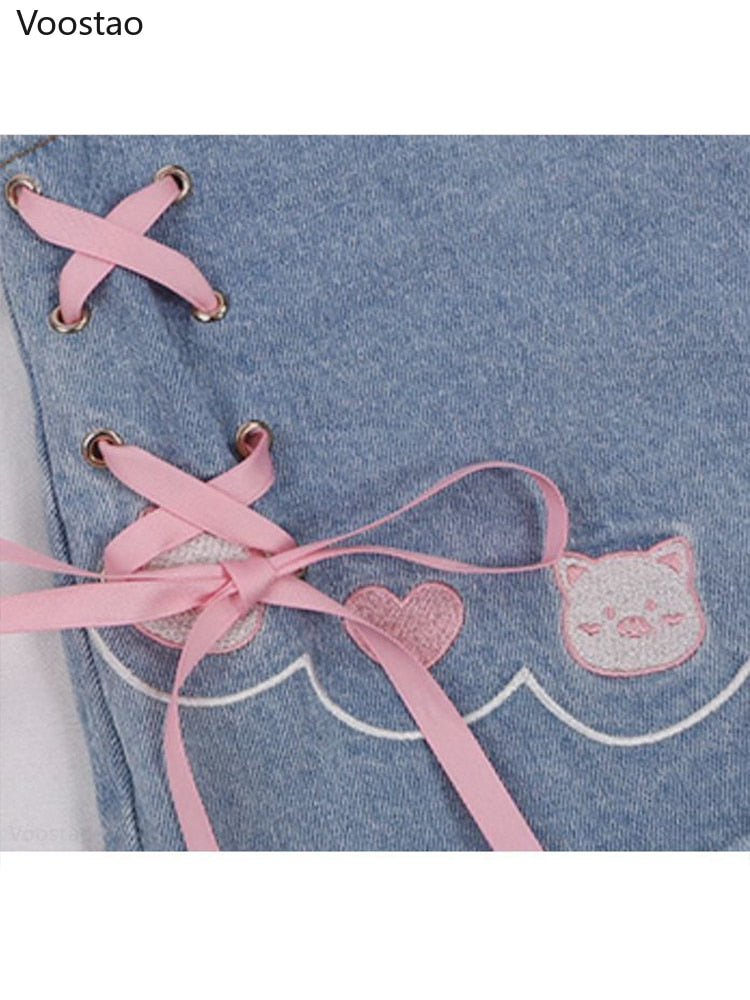 Summer Harajuku Style Denim Shorts Cute Cartoon Piggy
