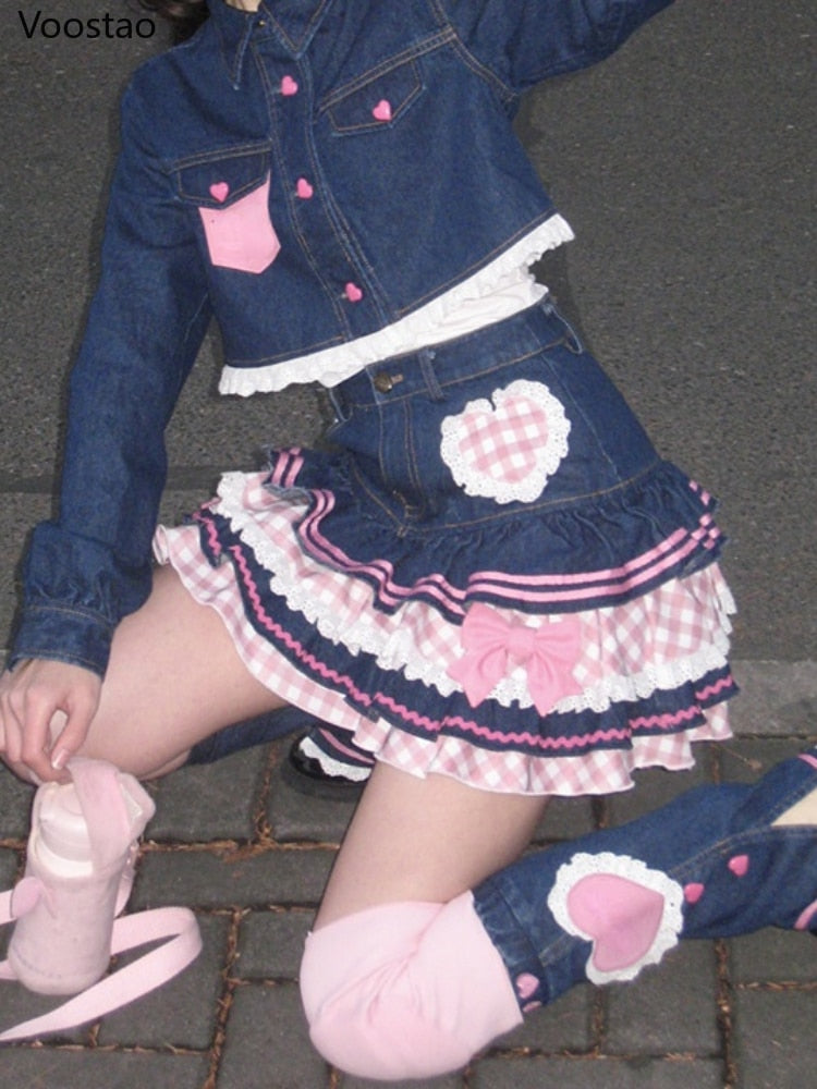 Sweet Pink Lace Style Mini Denim Skirt