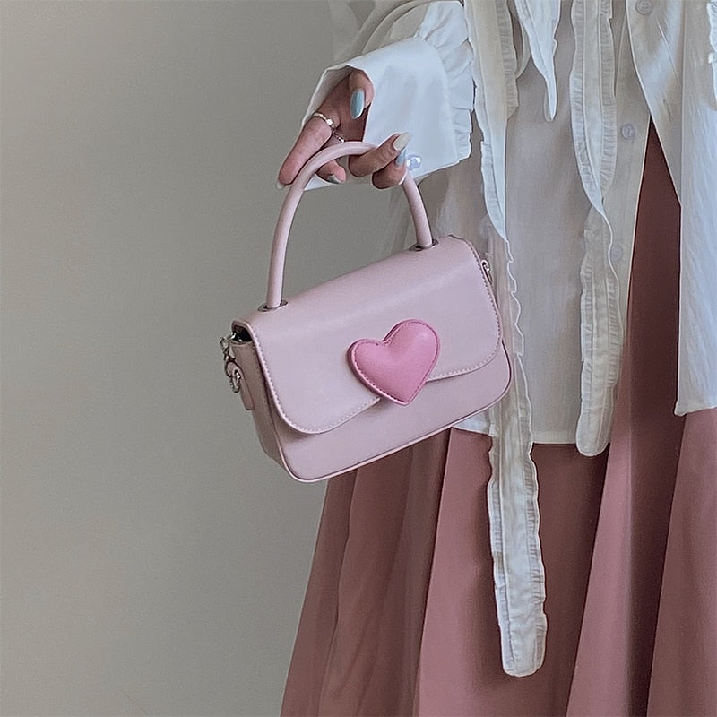 Y2K Vintage Korean Small Chain Shoulder Bag Heart Shaped Purse Handbags  Pink PU Leather Gothic Tote Bags Ladies Crossbody Bags