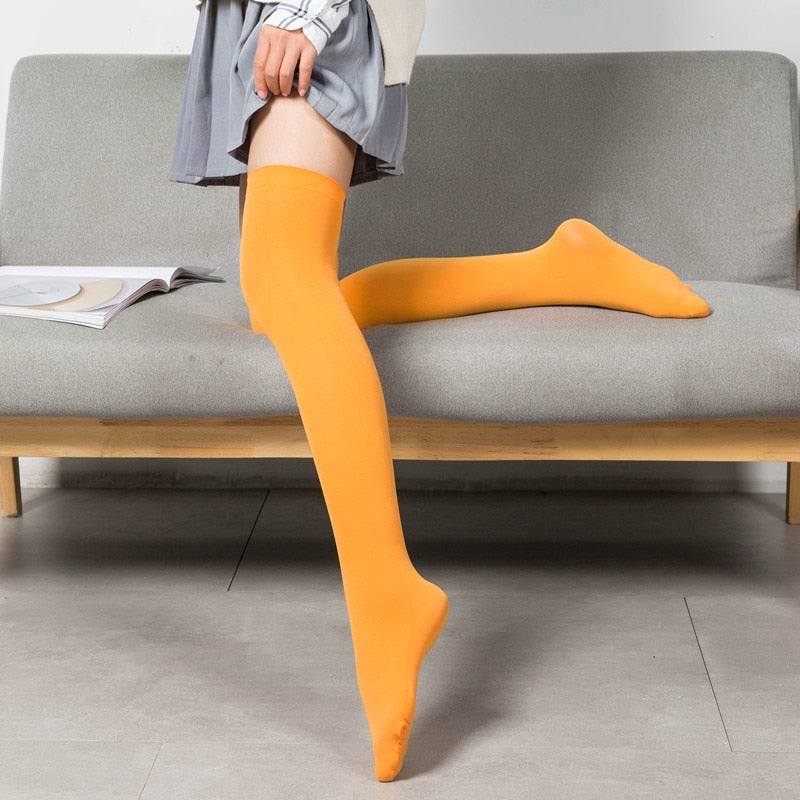 Black White Soild Color Long Over Knee Socks