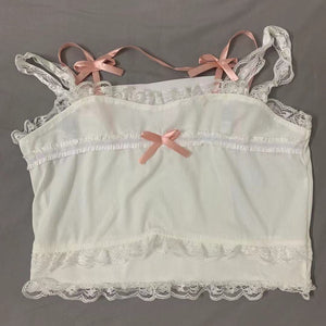 Pink Kawaii White Lace and Bow Crop Top