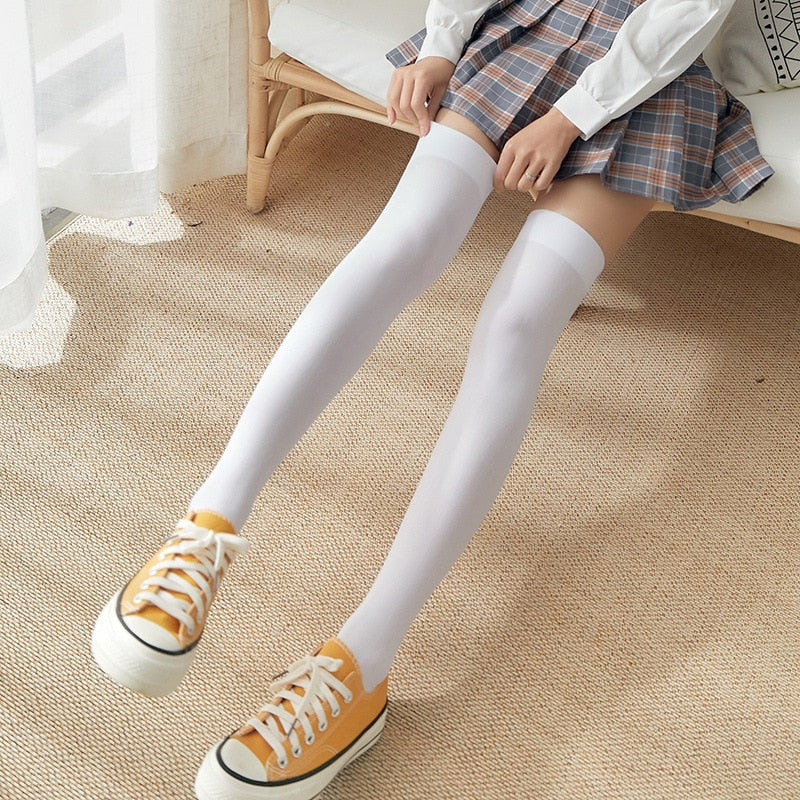 Black White Soild Color Long Over Knee Socks