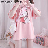 Cute Pink T-Shirt Kawaii Strawberry Bunny Ruffled Sleeves