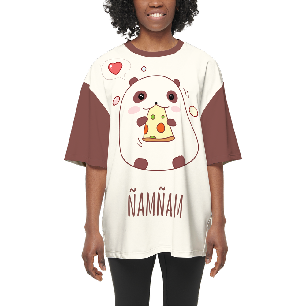 Kawaii Panda Cheese Women’s Oversized Short-Sleeve T-Shirt-Heavyweight 225g