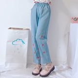 Strawberry Embroidered Denim Trousers