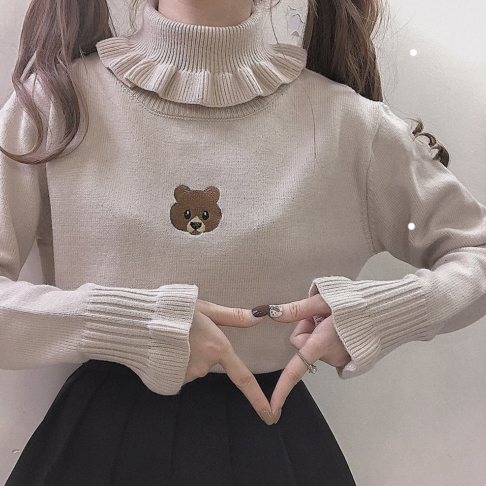 Cute Bear Girl Sweater Knitted High Neck Pullover