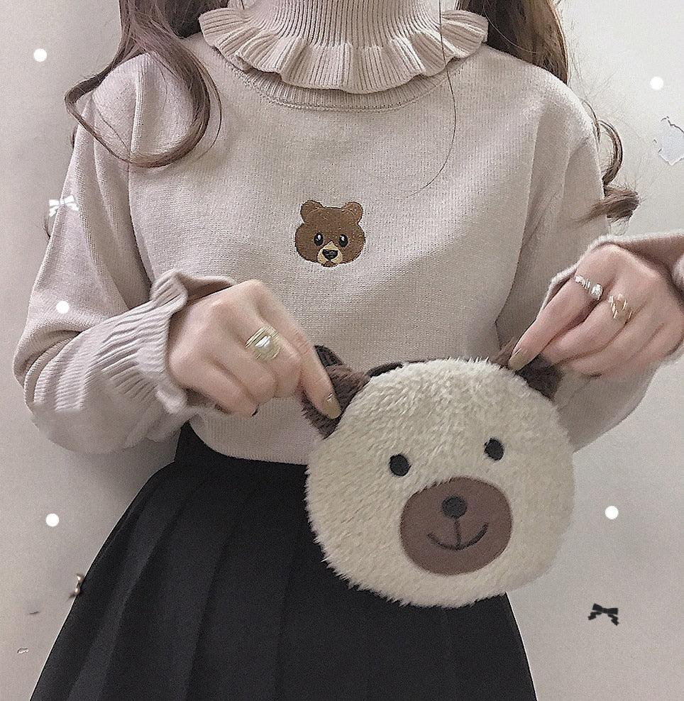 Cute Bear Girl Sweater Knitted High Neck Pullover