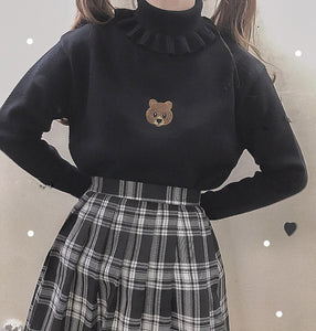 Cute Bear Girl Sweater Knitted High Neck Pullover