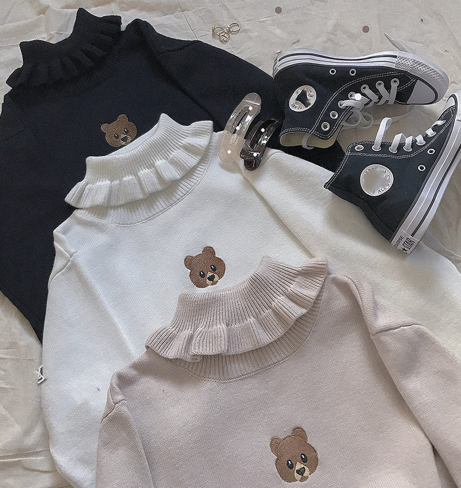 Cute Bear Girl Sweater Knitted High Neck Pullover