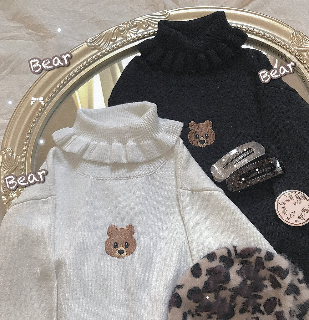 Cute Bear Girl Sweater Knitted High Neck Pullover