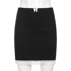 Vintage Sweet Bow Lace Trim Black Skirt