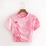 Pink Women Heart Hollow Out Cropped Tshirt