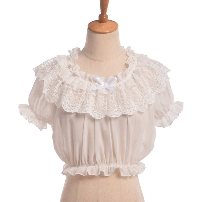 Women Crop Top Blouse Lolita Frilly Chiffon White/Black Puff Sleeve Lace Bottoming Undershirt