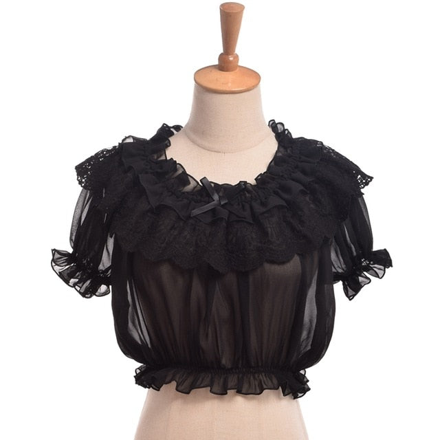 Women Crop Top Blouse Lolita Frilly Chiffon White/Black Puff Sleeve Lace Bottoming Undershirt