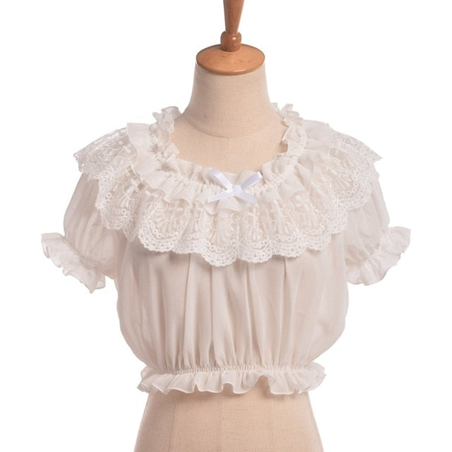 Women Crop Top Blouse Lolita Frilly Chiffon White/Black Puff Sleeve Lace Bottoming Undershirt