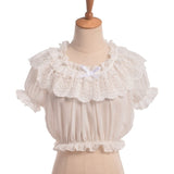 Women Crop Top Blouse Lolita Frilly Chiffon White/Black Puff Sleeve Lace Bottoming Undershirt