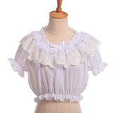 Women Crop Top Blouse Lolita Frilly Chiffon White/Black Puff Sleeve Lace Bottoming Undershirt