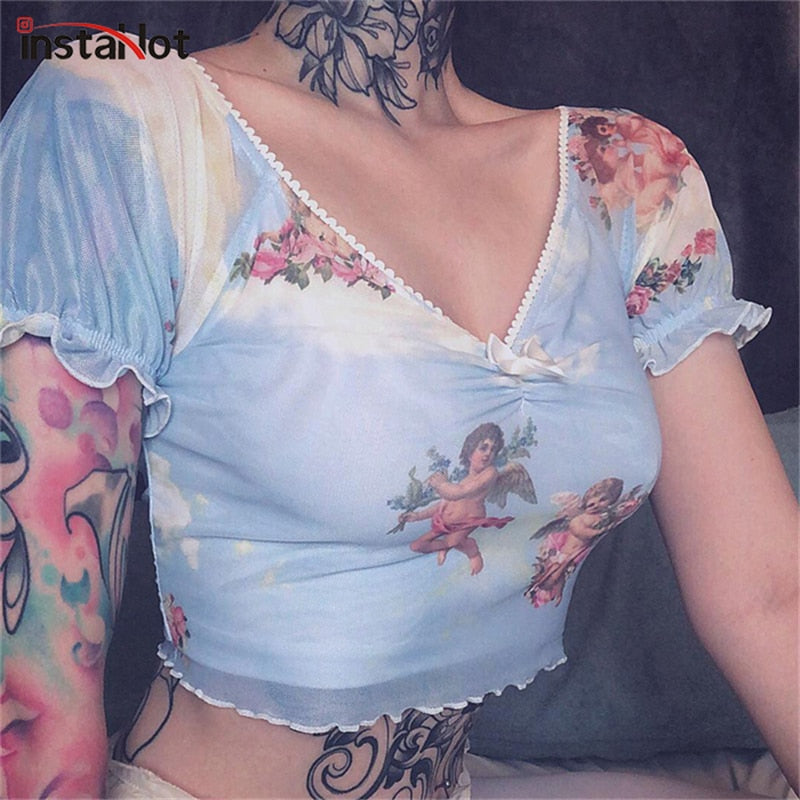 Angel Print  Ruffles Stretchy Crop Top