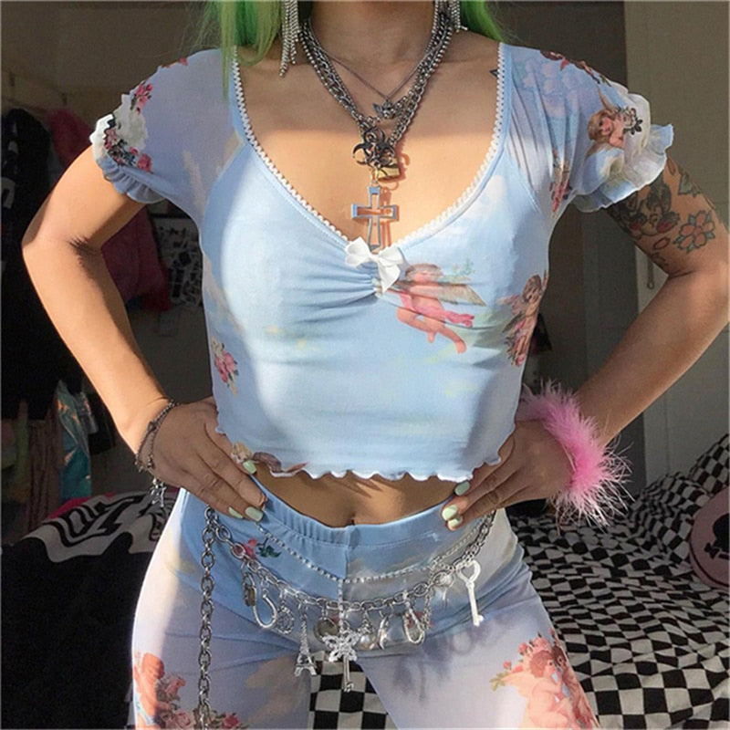 Angel Print  Ruffles Stretchy Crop Top