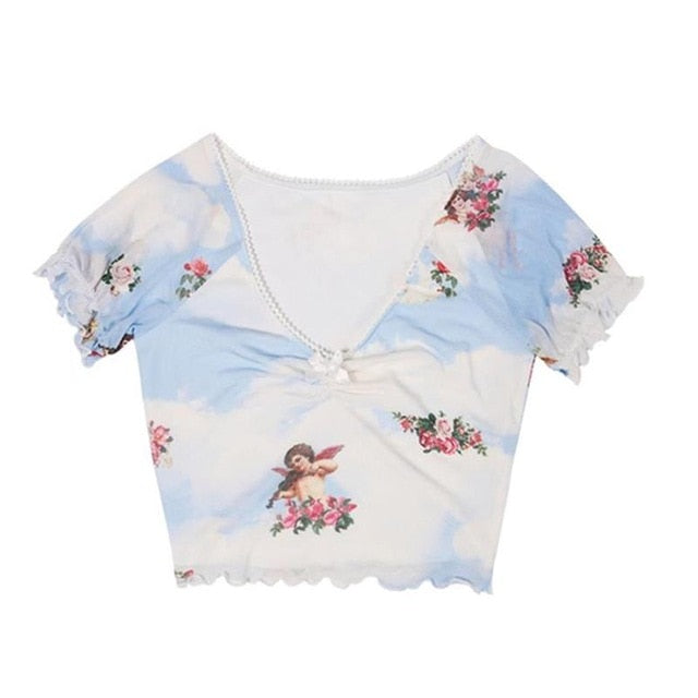Angel Print  Ruffles Stretchy Crop Top